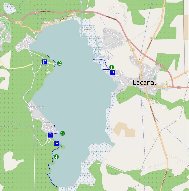 Mögliche Route und Beobachtungsorte am Teich von Lacanau
